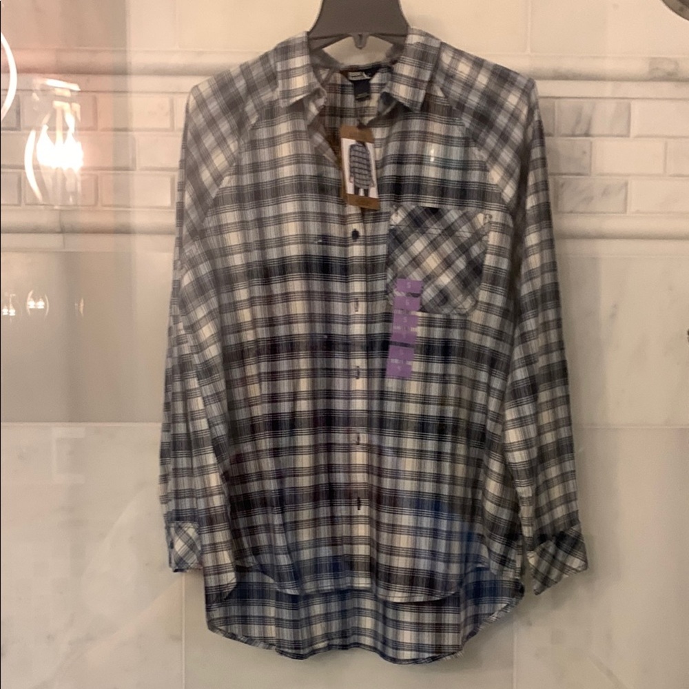 Eddie Bauer - Women's Plaid Shirt - Light Blue and White and Black NWT